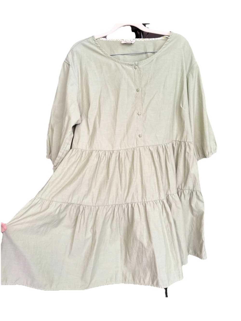 Umgee Boho Tiered Sage Green Button Front Mini Dress 3/4 Sleeve L Party